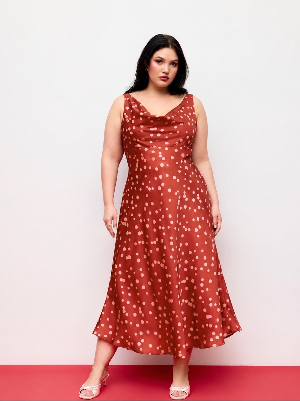 Cider Rust Polka Dot Cowl Neck Midi Dress
